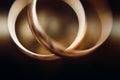 Two golden wedding rings closeup, macro photo of a couple of luxury golden engagement rings on bronze metal background, wedding