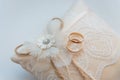 Two golden wedding rings on a lace pad Royalty Free Stock Photo