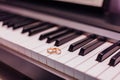 Two golden wedding rings on piano keys Royalty Free Stock Photo