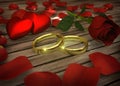 Two golden wedding rings and red rose with petals Royalty Free Stock Photo