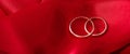 Two golden wedding rings on red satin background, banner, copy space Royalty Free Stock Photo