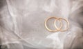 Two golden wedding rings on white silver background, copy space Royalty Free Stock Photo