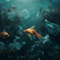 Fish in the ocean with plastic trash.