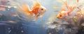 two goldfish swimming under a pond with water falling