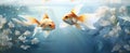 two goldfish swimming under a pond with water falling Royalty Free Stock Photo