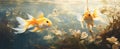 two goldfish swimming under a pond with water falling Royalty Free Stock Photo