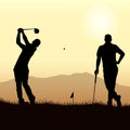 Two golfers silhouette playing on the playground template Royalty Free Stock Photo