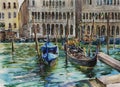 Two gondolas at Grand Canal station near Palazzo Communale, Venice, Italy, original watercolor art painting Royalty Free Stock Photo