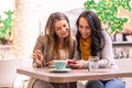 Two good-looking girls taking a coffee break during Christmas shopping, sitting in a cafe and checking information on mobile phone Royalty Free Stock Photo