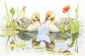 two goslings nibbling on pond plants near geese