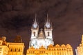 Two gothic towers of Church Of Our Lady Before Tyn at Old Town Square by night. Prague, Czech Republic Royalty Free Stock Photo