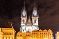 Two gothic towers of Church Of Our Lady Before Tyn at Old Town Square by night. Prague, Czech Republic Royalty Free Stock Photo