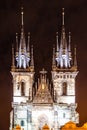 Two gothic towers of Church Of Our Lady Before Tyn at Old Town Square by night. Prague, Czech Republic Royalty Free Stock Photo