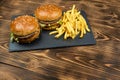 Two gourmet delicious burgers with french fries slices