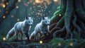 Two Arctic Foxes Walking at Night in Enchanting Forest Royalty Free Stock Photo
