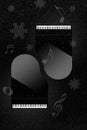 Two grand pianos, snow falling, snowflakes and musical notes