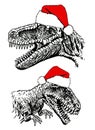 Two graphical portraits of tyrannosauruses in Santa Claus hats on white, new year design element for kids and adult Royalty Free Stock Photo