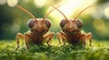 Two grasshoppers with big eyes are standing on a green field, AI Royalty Free Stock Photo