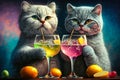 Two gray cats drinking cocktails. Created with Generative AI