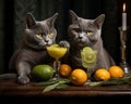 Two gray cats drinking cocktls with fruit.