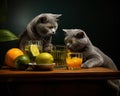 Two gray cats drinking cocktls with fruit.