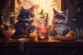 Two gray cats sitting behind a counter at a bar and drinking fruit cocktails. Cartoon style. Created with Generative AI