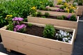 Two gray flower pots at the park seating on the terrace with an artificial plastic carpet reminiscent of a lawn. in a pot there ar Royalty Free Stock Photo