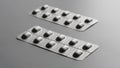 Two gray metallized blisters with medical pills or capsules on a gray background. Duotone. Aspect ratio 16 to 9