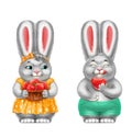 Two gray rabbits with strawberries, in clothes, isolated, on white Royalty Free Stock Photo
