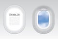 Two gray window plane blue sky cloud view, gray airplane window, gray light template, plain aircraft window white space poster