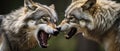 Two Gray Wolfs With Open Mouths in Photograph