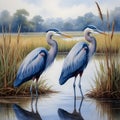 Two great blue herons in marsh
