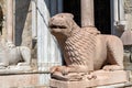 Two great marble lions guarding the entrance Portal of the Parma Cathedral (Santa Maria Assunta) in Italy Royalty Free Stock Photo