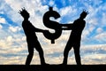 Two greedy and selfish men with crowns on their heads can not divide the dollar sign