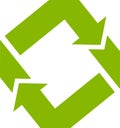 Two green arrows rotating and forming a square on a white background representing circular economy, recycling, reload
