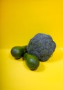 Two green avacados and broccoli on a yellow background Royalty Free Stock Photo