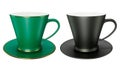 Two Green and Black Ceramic Mugs or Cups of Espresso Cappuccino Breakfast Drink Isolated on Background 3d illustration path