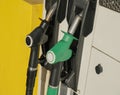 Two green and black gas pump nozzles at gas station close-up. Gas industry. Energy. Gas/diesel, benzine, petroleum station busines Royalty Free Stock Photo