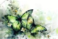 Two Green Butterflies Flying Over Flowers Royalty Free Stock Photo
