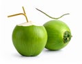 Two green coconuts, one with a gold straw, on a clean white background drink fresh Royalty Free Stock Photo