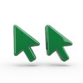 Two green 3D rendered computer mouse cursor arrows pointing to the right on a white background Royalty Free Stock Photo