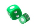 Two green dice in air on white background Royalty Free Stock Photo