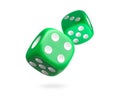Two green dice in air on white background Royalty Free Stock Photo