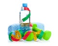 Two green dumbells, tape measure and drink bottle. Fitness and h Royalty Free Stock Photo