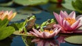 Two Green Frogs Sitting on Blooming Water Lilies in a Pond Royalty Free Stock Photo