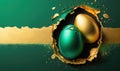 two green and gold eggs in a cracked hole on a green and gold background. generative ai Royalty Free Stock Photo