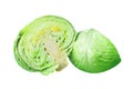 Two green leafy cabbage halves on white background isolated close up, cutted pieces of ripe white cabbage head Royalty Free Stock Photo