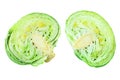 Two green leafy cabbage halves on white background isolated close up, cutted pieces of ripe white cabbage head Royalty Free Stock Photo