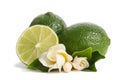 Two green limes with half of juicy lime and beautifull flower Royalty Free Stock Photo