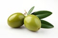 Two green olive fruits with leaves close-up on a white background. Macro, source of oil, healthy food concept. Image is AI Royalty Free Stock Photo